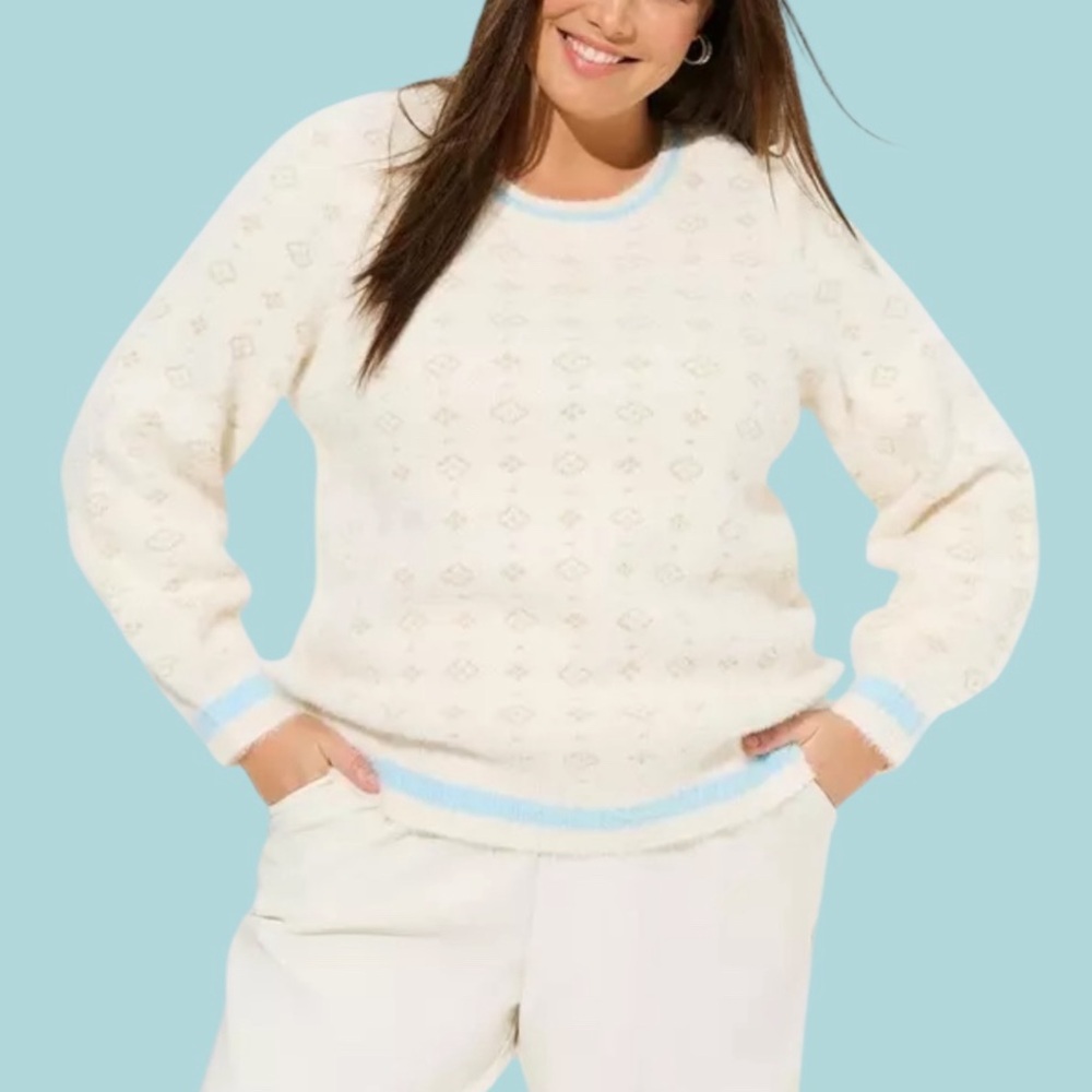 torrid Cream Sweater with Light Blue Trim - Knit Crew Pullover Fuzzy Cozy NWT